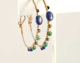 Egyptian Hoop Earrings - with mixed metals, sterling silver and 14k gold filled, lapis lazuli, black spinel, and turquoise gemstones