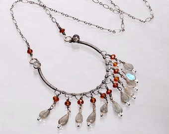 Sterling Silver, Copper, Gemstone Necklace. Labradorite, Hessionite Fringe, Wirewrapped, Art Nouveau Original Design, Swarovski Crystals.