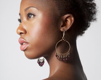 Handcrafted Earrings, Artisan Jewelry, Hoop Earrings, Chandalier Earrings, Gyspy Style, Garnet Gemstone, Fringe, Movement, Sparkle, Drama