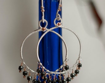 Sterling Hoops - hand-formed sterling silver hoops with hematitite gemstone and copper fringe
