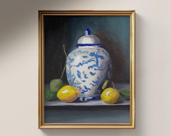 Ginger Jar with Lemons Moody Still Life, Kitchen Farmhouse Wall Art, Original Oil Painting by Kitty Cotten | Fine Art Print