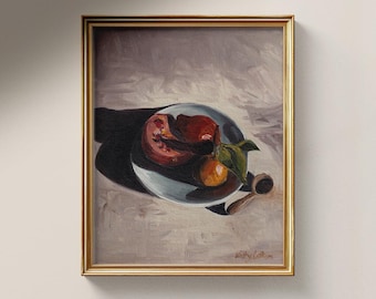 Pomegranate Orange Still Life Art Print, Moody Farmhouse Kitchen Wall Decor