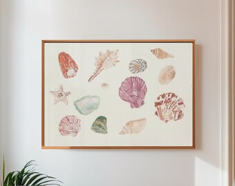 Sandy Beach Seashells Watercolor Painting, Coastal Wall Art Print