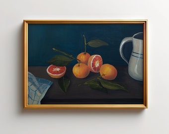 Oranges and Pottery Still Life Art Print, Farmhouse Kitchen Wall Decor