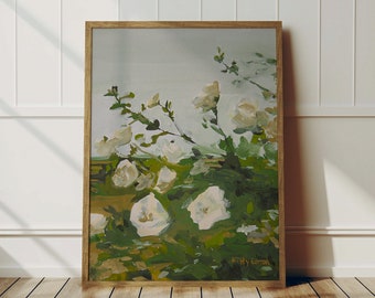 White Roses Vineyard Botanical Art Print, Romantic Floral Painting