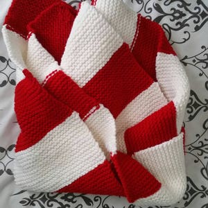Hand Knit Red and White Striped Scarf