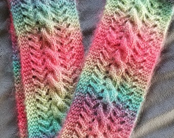 Hand Knit Rainbow Cable and Lace Scarf