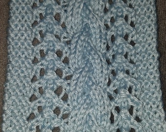 Hand Knit Baby Blue Cable and Lace Scarf