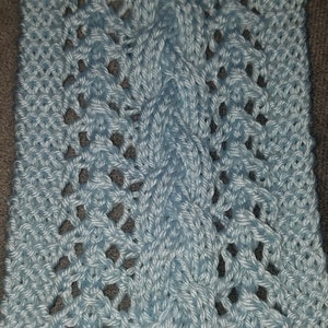 Hand Knit Baby Blue Cable and Lace Scarf