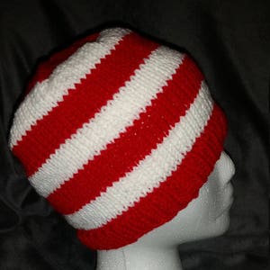 Hand Knit Red and White Striped Beanie image 1