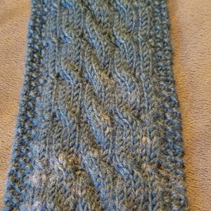 Hand Knit Blue and Gray Cabled Wool Blend Scarf