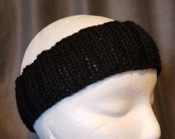 Hand-Knit Black Wool Ribbed Ear Warmer Headband