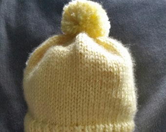 Hand-Knit Pale Yellow Baby Beanie