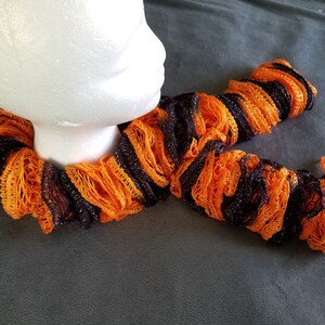 Hand Knit Orange and Black Ruffle Scarf