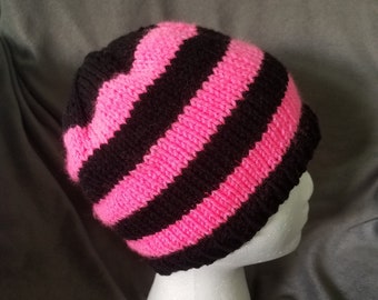 Hand Knit Black and Pink Striped Beanie