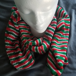 Hand Knit Red Green and White Scarf