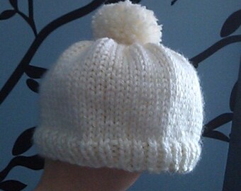 Hand-Knit White Baby Beanie with Pom-Pom