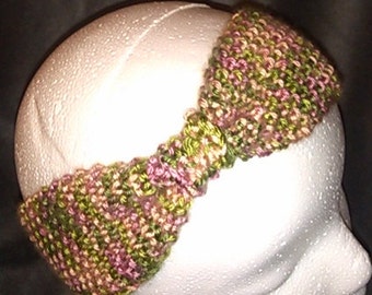 Hand Knit Green and Pink Variegated Bow Headband