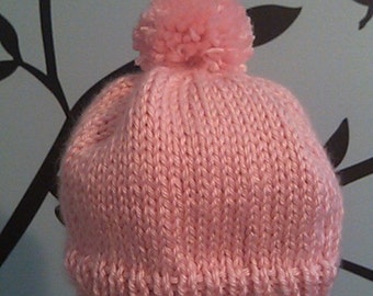 Hand-Knit Soft Pink Baby Beanie with Pom-Pom