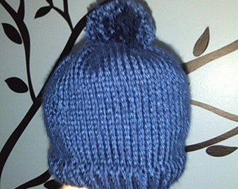 Hand-Knit Navy Blue Baby Beanie with Pom-Pom