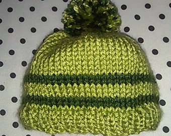 Hand-Knit Green Striped Baby Beanie with Pom-Pom