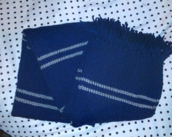 Hand Knit Blue and Silver Striped Scarf