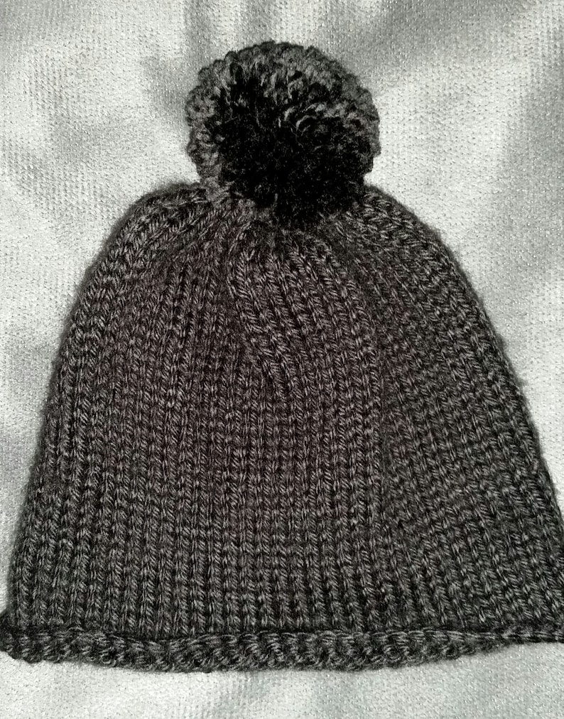 Hand-Knit Black Roll Brim Baby Beanie
