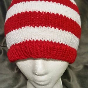 Hand Knit Red and White Striped Beanie image 2