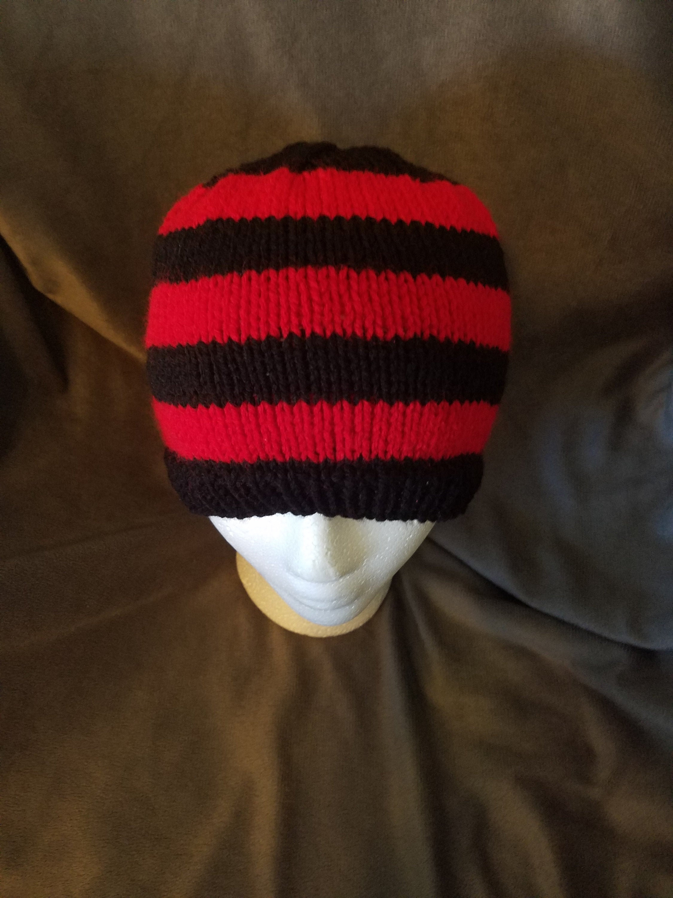 Hand Knit Black and Red Striped Beanie 