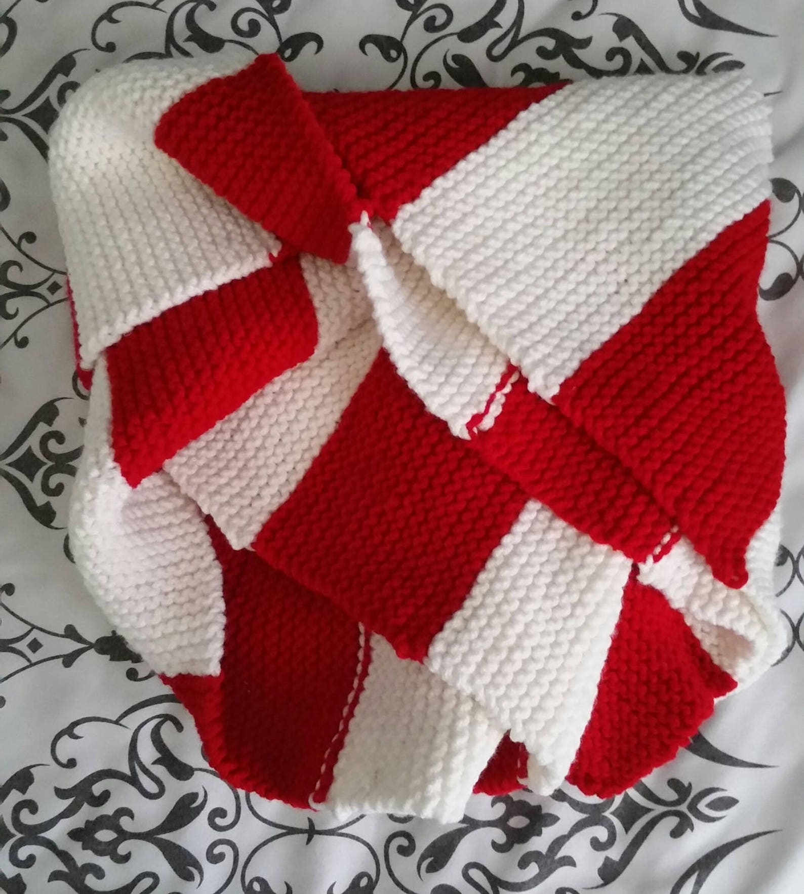 Hand Knit Red and White Striped Scarf - Etsy
