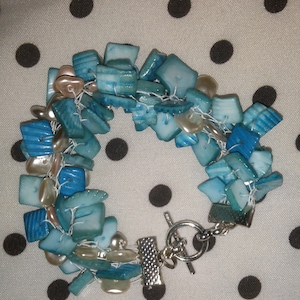 Hand Knit Turquoise- and Silver-Colored Bead Knitted Bracelet