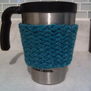 Hand Knit Teal Basket Weave Cabled Coffee Sleeve