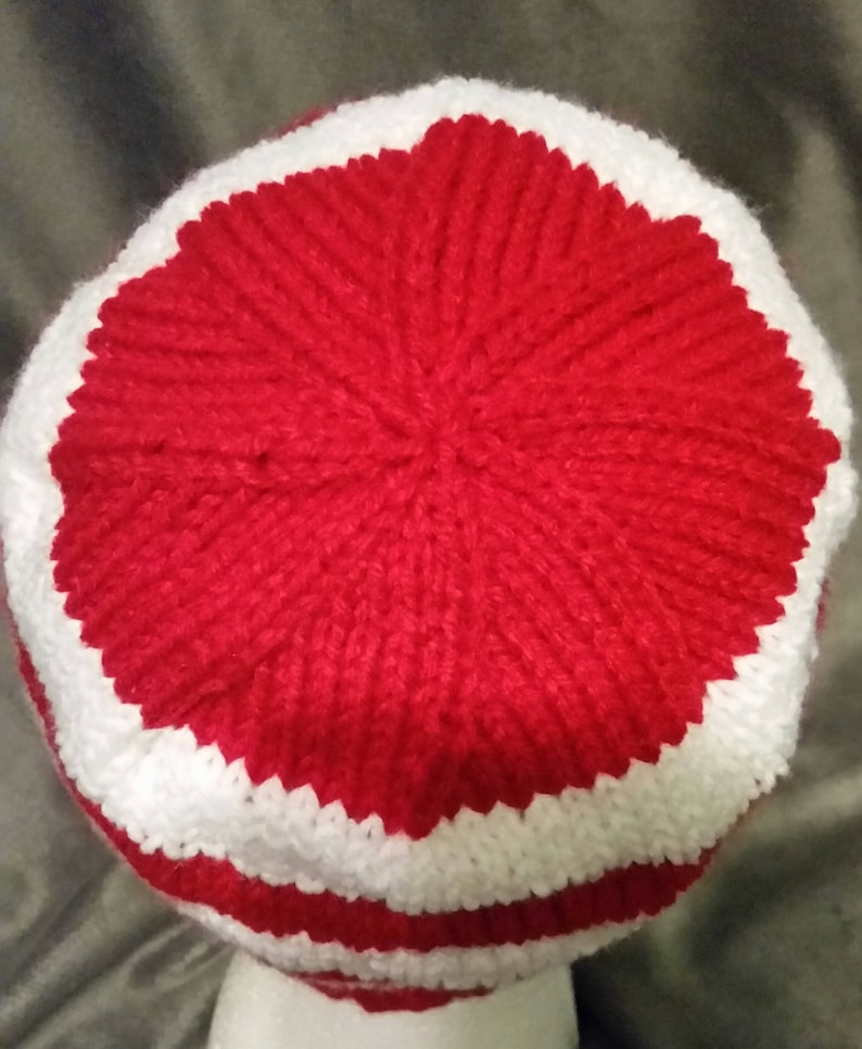 Hand Knit Red and White Striped Beanie image 3