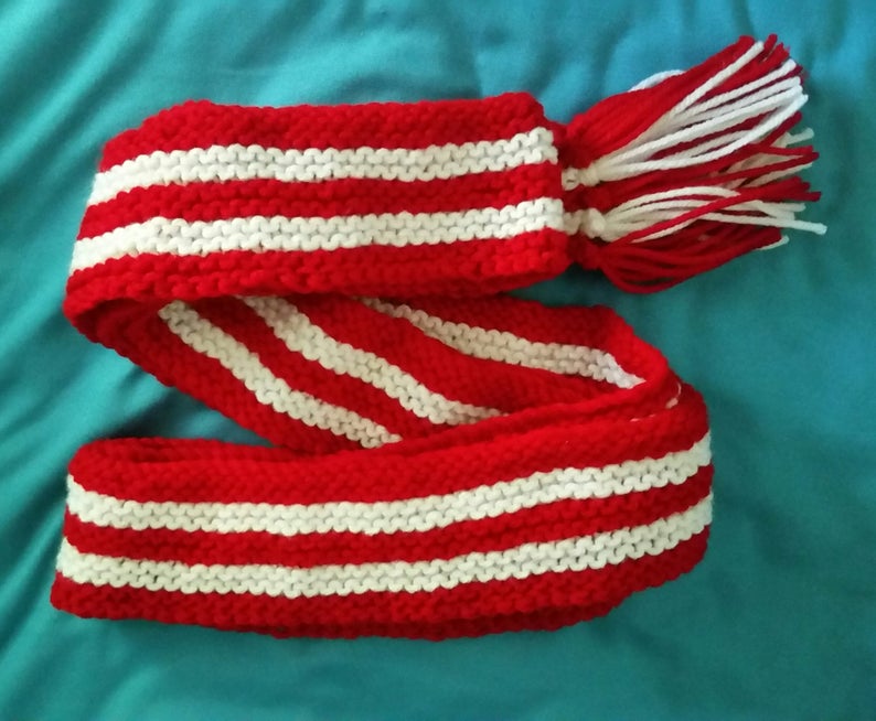 Hand Knit Extra Long Red and White Striped Scarf - Etsy