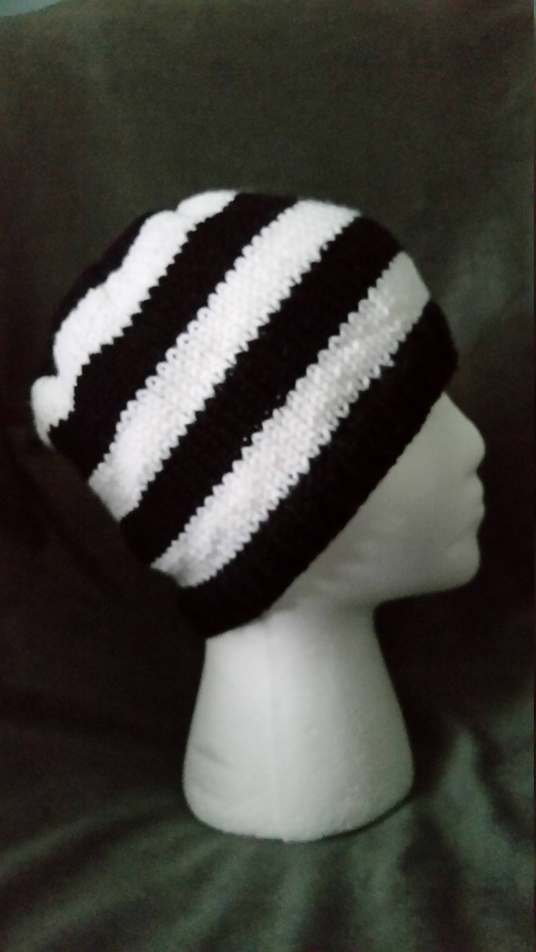 Hand Knit Black and White Striped Beanie - Etsy