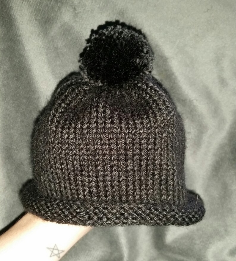 Hand-Knit Black Roll Brim Baby Beanie