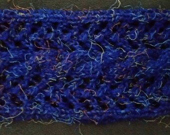 Hand Knit Blue Cable and Lace Scarf with Rainbow Detail