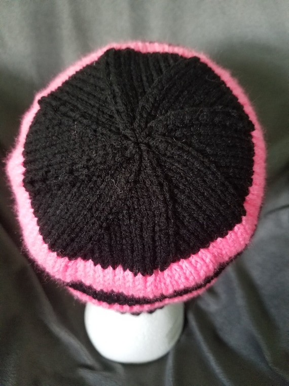Hand Knit Black and Pink Striped Beanie - Etsy display picture 1