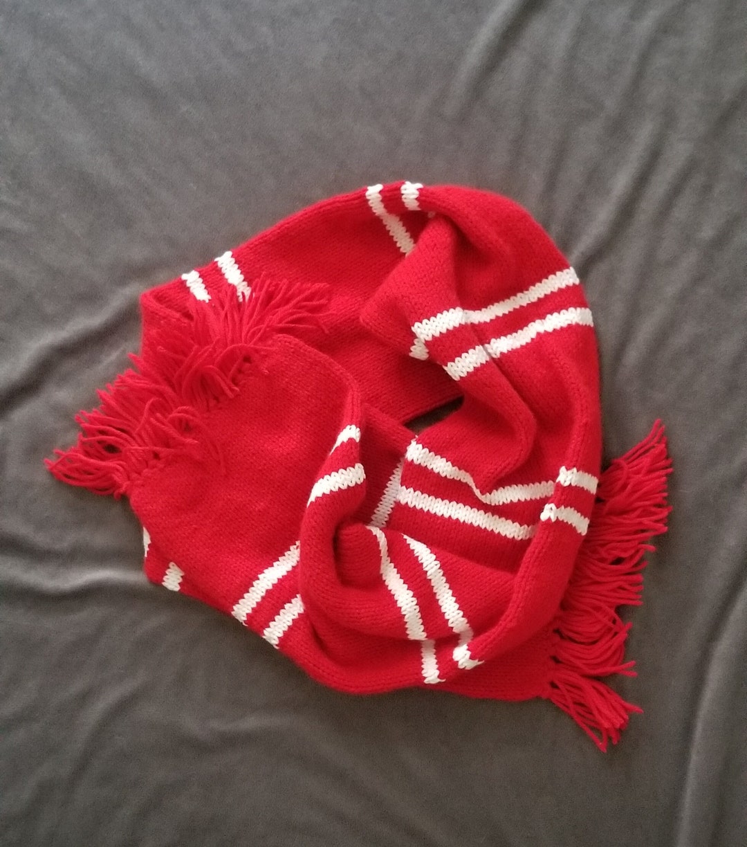 Hand Knit Red and White Striped Scarf - Etsy