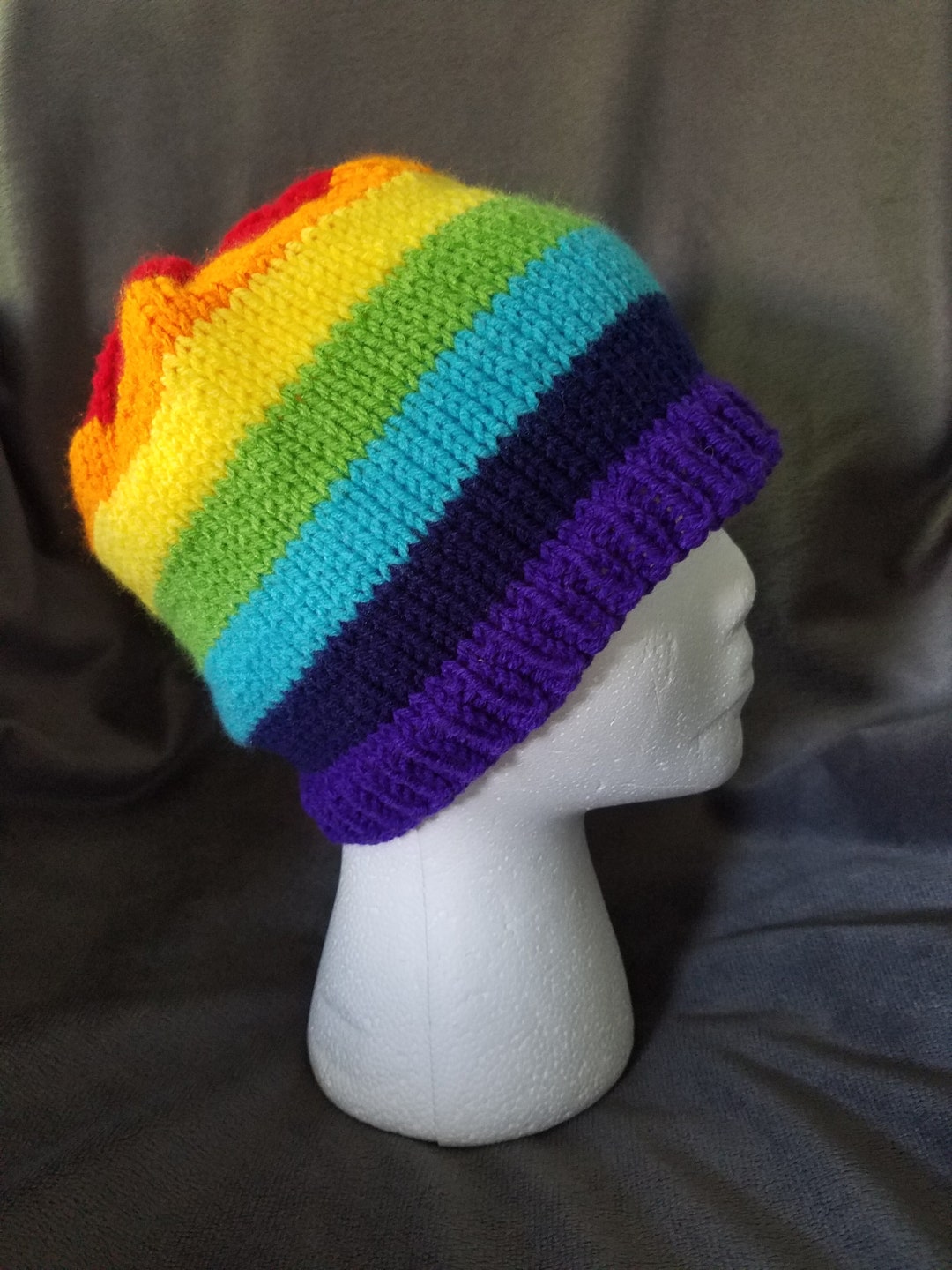 Hand-knit Rainbow Striped Beanie - Etsy