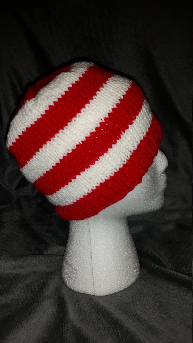 Hand Knit Red and White Striped Beanie image 1