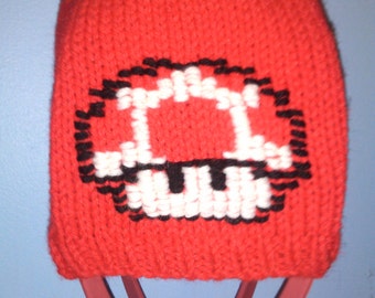 Hand Knit Red Mario Mushroom Beanie