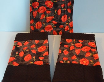 Brilliant Red Poppy Decorative Kitchen Towel and Quilted Potholder Set