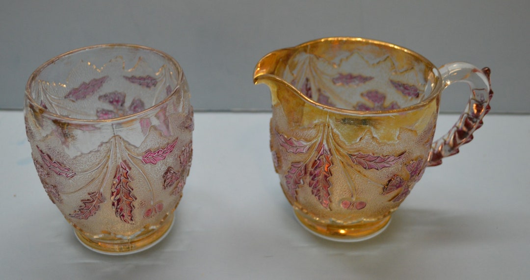 Vintage Glass Creamer & Sugar Bowl Set With Pink and Gold Highlights Etsy
