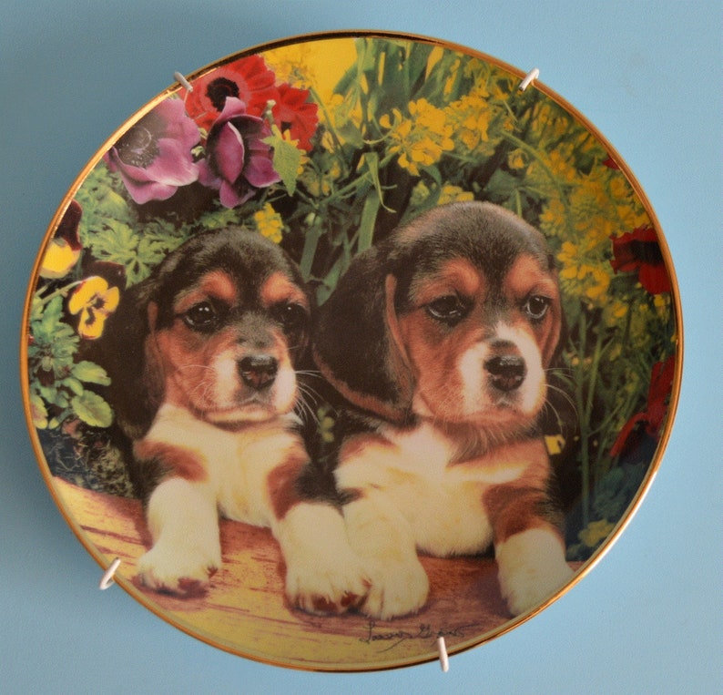 The Franklin Mint Spa-Europe Puppies /& Posies by Louis Grant Limited Edition Vintage Collectible Ceramic Gold Rimmed Plate