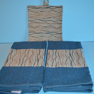 Aqua Blue Striped Decorative Kitchen Towel & Potholder Set