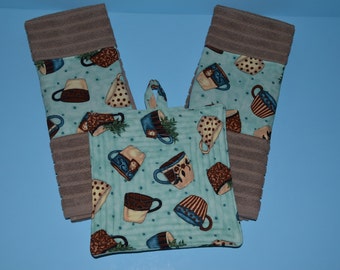 Coffee Cup/Tea Cup Decorative Kitchen Towels & Potholder Set