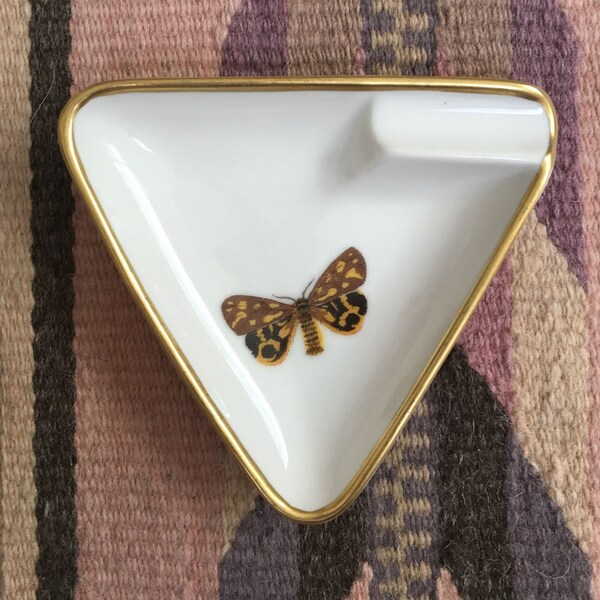 Vintage Triangle Gilded Moth Ashtray Suisse Langenthal Tobacciana Collectible