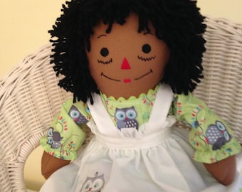 20 inch Raggedy Ann Handmade Doll Owl Design African American Personalized Custom Doll