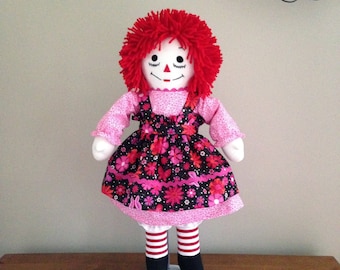 20 inch Raggedy Ann Handmade Doll Personalized Custom Doll Sparkle Print Pinafore  Pink Dress